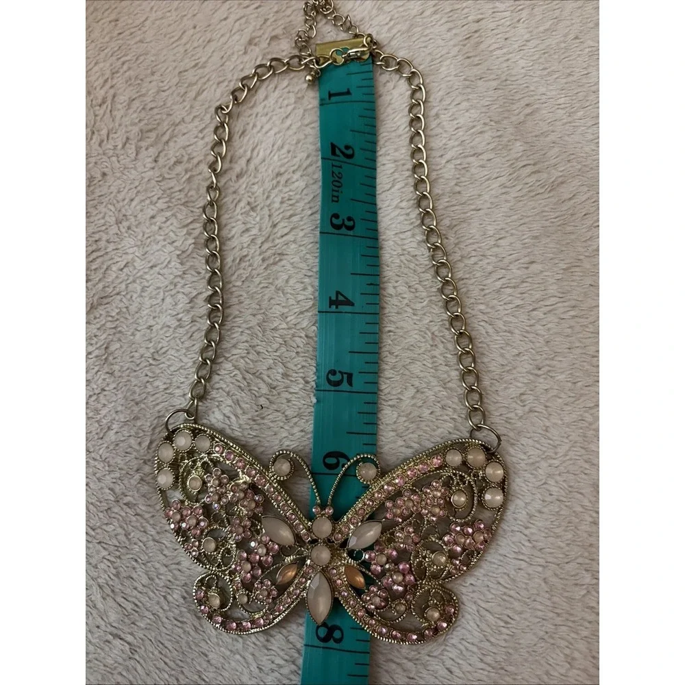 Pink Rhinestone Butterfly Statement Necklace Boho - Picture 6 of 7